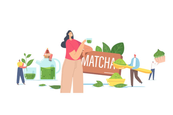 People Drinking Matcha Tea Concept. Tiny Graphics